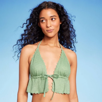 Women's Crochet Tie-Front Longline Bikini Top - Wild Fable™ Soft Green 4 Women's Crochet Tie-Front Longline Bikini Top - Wild Fable™ Soft Green - Image 2