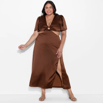 Women's Flutter Sleeve Satin Cap Maxi Bodycon Dress - Wild Fable™ Dark Brown 6 Women's Flutter Sleeve Satin Cap Maxi Bodycon Dress - Wild Fable™ Dark Brown - Image 4