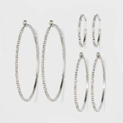 Trio Imitation Rhodium With Glass Crystal Rhinestone Hoop Stud Earring Set 3pc - Wild Fable™ White Crystal: Sparkly Hoops, Nickel-Free Metal -Wild Fable Store GUEST 36ddbf23 6bf7 4009 982e d35af2c2150c