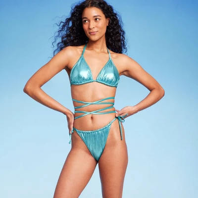 Women's Foil Strappy Extra High Leg Super Cheeky Bikini Bottom - Wild Fable™ Teal Blue 4 Women's Foil Strappy Extra High Leg Super Cheeky Bikini Bottom - Wild Fable™ Teal Blue - Image 2