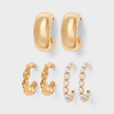 Smooth Twist And Pearl Hoop Earring Set 3pc - Wild Fable™ Gold 5 Smooth Twist And Pearl Hoop Earring Set 3pc - Wild Fable™ Gold - Image 3