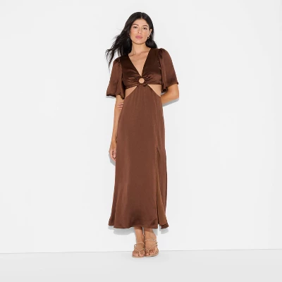 Women's Flutter Sleeve Satin Cap Maxi Bodycon Dress - Wild Fable™ Dark Brown 3 Women's Flutter Sleeve Satin Cap Maxi Bodycon Dress - Wild Fable™ Dark Brown