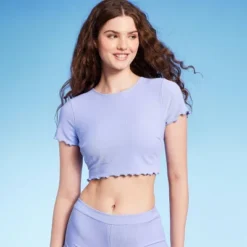 Women's Ruffle Detail Ribbed Short Sleeve Cropped Rashguard - Wild Fable™ Purple -Wild Fable Store GUEST ae778006 d718 4b51 af3b 2a50e3c3e5f4