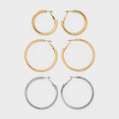 Smooth Tubular Mixed Hoop Earring Set 3pc - Wild Fable™ Gold/Silver: Nickel-Free, Hinge Closure 4 Smooth Tubular Mixed Hoop Earring Set 3pc - Wild Fable™ Gold/Silver: Nickel-Free, Hinge Closure - Image 2