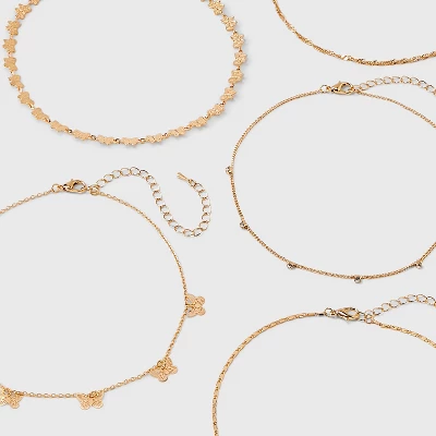 Dainty Chain With Butterfly Charm Choker Necklace Set 5pc - Wild Fable™ Gold: Brass Material, Lobster Claw Clasp, 12" Length 4 Dainty Chain With Butterfly Charm Choker Necklace Set 5pc - Wild Fable™ Gold: Brass Material, Lobster Claw Clasp, 12" Length - Image 2