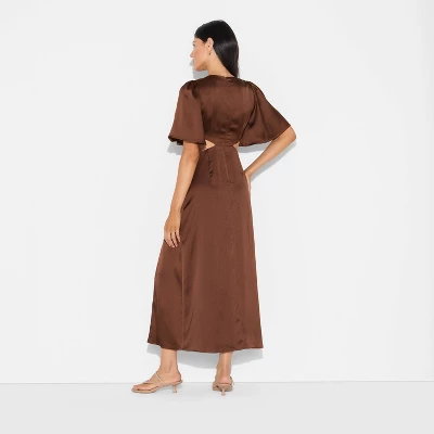 Women's Flutter Sleeve Satin Cap Maxi Bodycon Dress - Wild Fable™ Dark Brown 4 Women's Flutter Sleeve Satin Cap Maxi Bodycon Dress - Wild Fable™ Dark Brown - Image 2