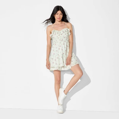 Women's Ruched Ruffle Mini A-Line Dress - Wild Fable™ White Floral 3 Women's Ruched Ruffle Mini A-Line Dress - Wild Fable™ White Floral